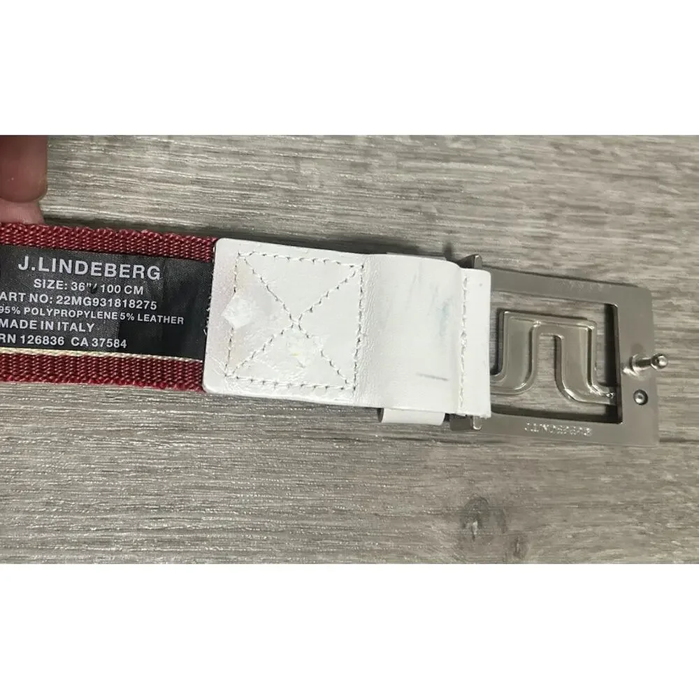 J.Lindeberg Woven Stretch Golf Belt Red Cream White Leather Italy Size 36 100cm